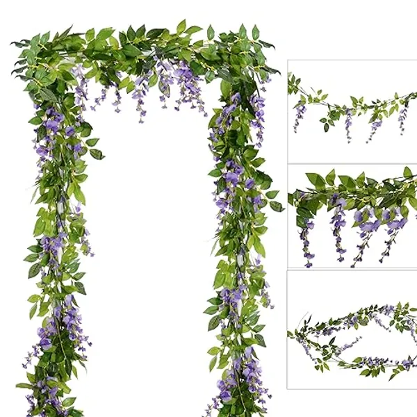 DearHouse 4Pcs 6.6Ft/Piece Artificial Flowers Silk Wisteria Garland Artificial Wisteria Vine Rattan Silk Hanging Flower for Home Garden Outdoor Ceremony Wedding Arch Floral Decor(Light Purple) - Light Purple