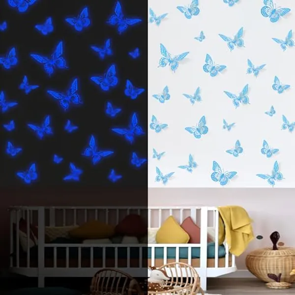 SAOROPEB Glow in The Dark 3D Butterfly 24 Pcs 3 Sizes, Luminous Butterfly Stickers for Ceiling or Wall, Glow in The Dark Party Supplies, Removable Luminous Stickers for Kids Babys Nursery (Blue) - 24 Pcs, Glowing Blue