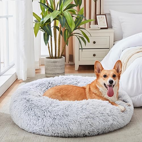 WESTERN HOME WH Calming Dog & Cat Bed, Anti-Anxiety Donut Cuddler Warming Cozy Soft Round Bed, Fluffy Faux Fur Plush Cushion Bed for Small Medium Dogs and Cats (20"/24"/27"/30") - 30.0"L x 30.0"W x 8.0"Th - Light Grey