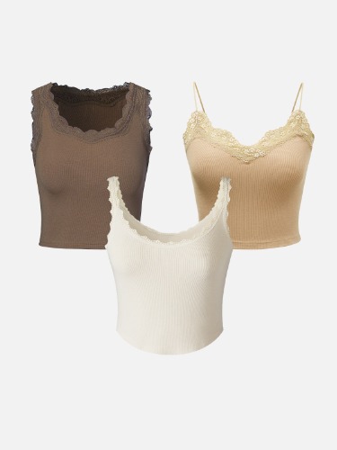Lace Slim Tank Top & V-neck Lace Sling Tank Top & Scallop Trim Tank-3Pcs Set - Milk Chocolate/Chamois/Gardenia / S