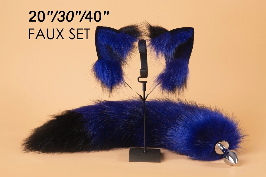 blue black fox tail plug and ear kittenplay ear faux wolf tail buttplug and ear neko kitten cosplay petplay fox tail buttplug bdsm | 20″Set Small Plug / Metal
