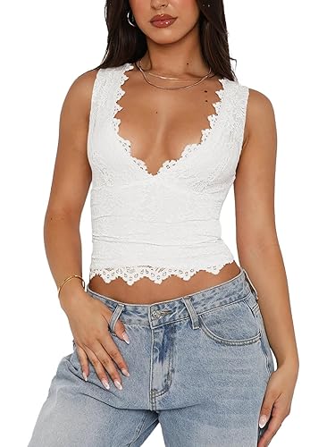 REORIA Womens Sexy V-Neck Sleeveless Double Lined Going Out Y2K Trendy Lace Cropped Tank Tops - Small - White