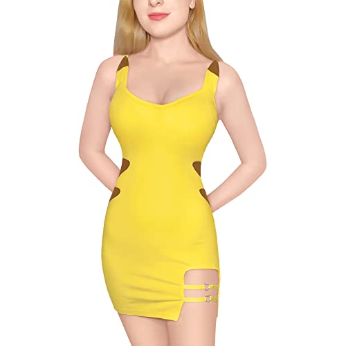 Littleforbig Women Cosplay I Choose You Cotton Striped Overall Romper Bodycon Mini Dress with Detachable Tail - Small - Yellow