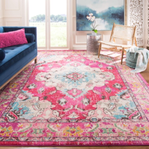 SAFAVIEH Monaco Collection 9' x 12' PinkMulti MNC243D Boho Chic Medallion Distressed Non-Shedding Living Room Bedroom Dining Home Office Area Rug