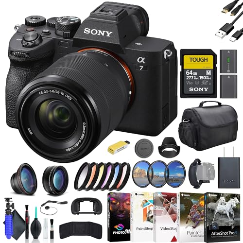 Sony a7 IV Mirrorless Camera with 28-70mm Lens ILCE-7M4K/B, 64GB Card, Filter Kit, Wide Angle Lens, Telephoto Lens, Color Filter Kit, Lens Hood, Bag, and More