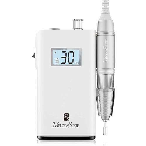 MelodySusie Professional Rechargeable 30000 rpm Nail Drill,SC320H Portable Electric E File Scamander, Acrylic Gel Grinder Tools with 6 Bits and Sanding Bands for Manicure Pedicure Carve Polish (White) - White