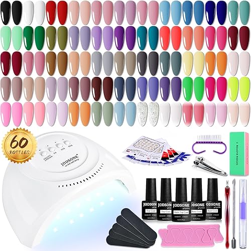 JODSONE Gel Nail Polish Kit 60 PCS with U V Light Soak off Base Top Coat Gel Polish 55 Shine Colors Gel Nail Kit Bright and Dark Brown Wine Red Series Manicure Set for Women and Girls - 60KIT 01