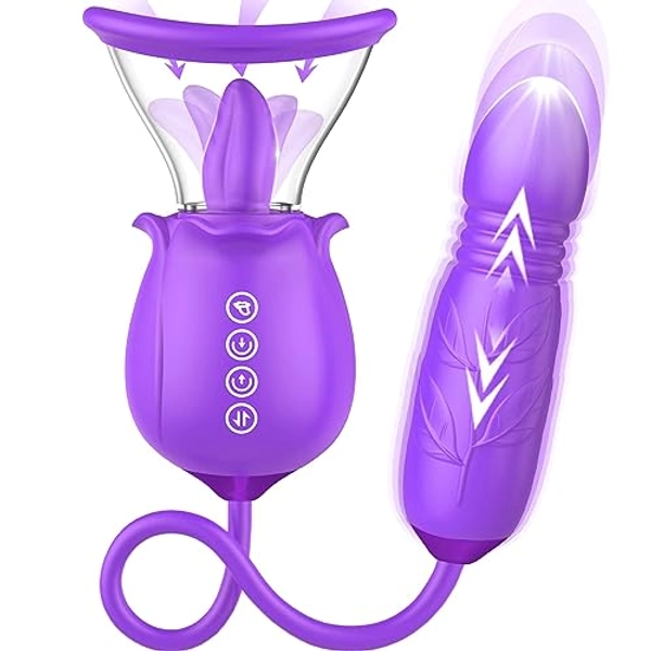 Rose Sex Toy for Womens Sex - 3in1 Upgrade Rose Sex Stimulator for Women with 7 Tongue Licking & 3 Thrusting Vibrator Dildo Adult Sex Toys for Couples Clitoral G Spot Vibrators