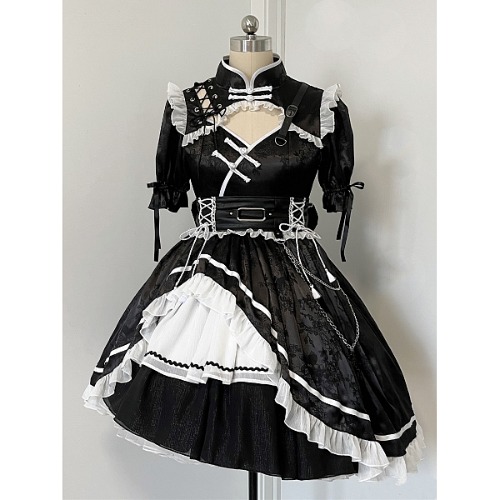 Heart Hunter Stand Collar Short Puff Sleeves Qi Lolita Dress OP Set