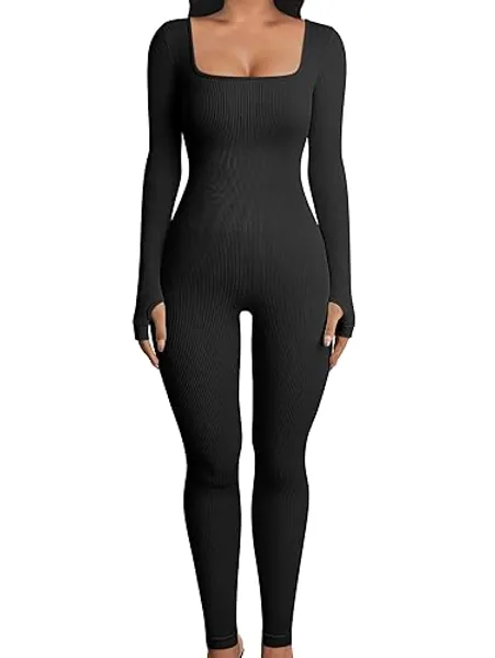 OQQ Women Yoga Jumpsuits Workout Ribbed Long Sleeve Sport Jumpsuits - Medium - Black