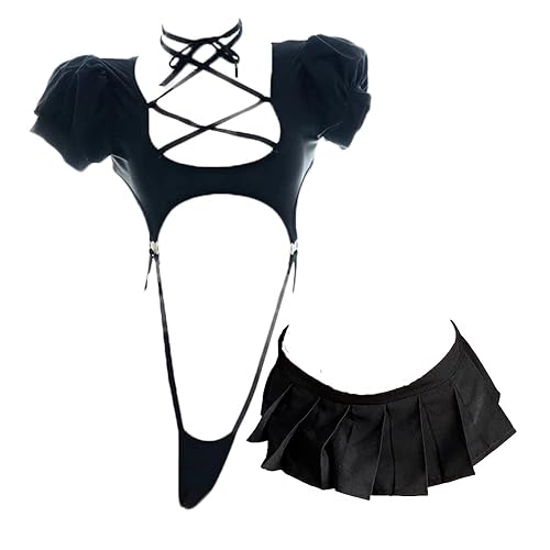 JasmyGirls Cosplay Lingerie Anime Costume Sexy Cutout Bodysuit Cute Mini Skirt Kawaii Top Lolita Underwear Japanese Swimsuit - Black - X-Small - Medium