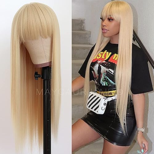 Maycaur Blonde Synthetic Hair Wigs with Full Bangs #613 Color Long Straight Women's Wig Heat Resistant Synthetic No Lace Wigs for Fashion Women - #613