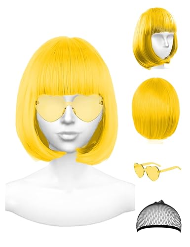 PLANTURECO Yellow Wig and Party Sunglasses, Color Bob Wig, Cosplay Wigs and Party Wigs, Rainbow Wig with Neon Glasses Yellow Wigs for Women - Bachelorette Party Wigs Decorations Favors (Yellow) - Yellow