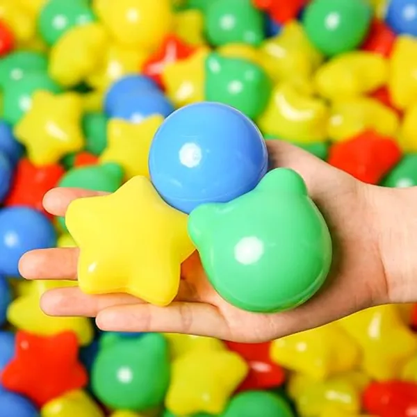 TRENDPLAY Ball Pit Balls Shapes 100 Colorful Mix Star Bear Balls for Sensory Play Christmas Decoration- Pack of 100 Hollow Balls- Safe and Fun - 3 Shape Balls- 4 Colors
