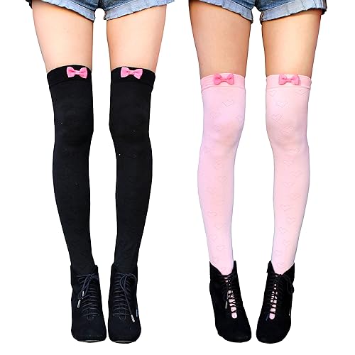 Millennials In Motion Kawaii Long Socks Leg Warmers - One Size - Black & Pink Bow