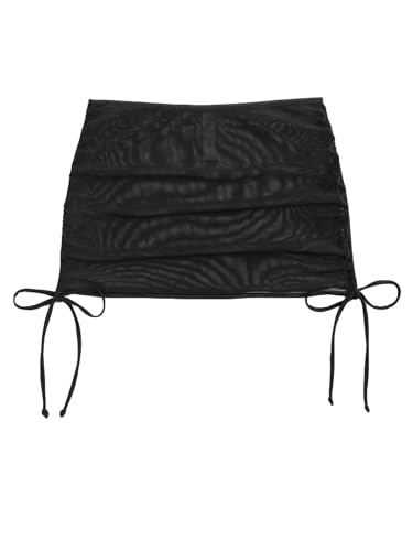 Falainetee Women's Mesh Sheer Drawstring Solid Summer Bikini Cover Up Skirt - X-Small - Black