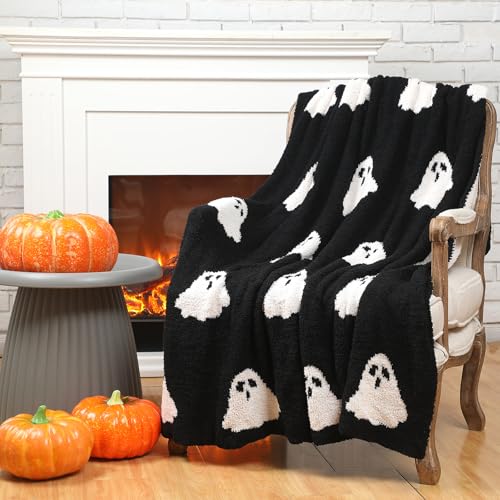 Tingjoo 50 x 60'' Halloween Ghost Throw Blanket Microfiber Blanket Pink White Ghost Throw Blanket Cute Blanket Soft Cozy Fluffy Halloween Blanket for Living Room Sofa Bed(Ghost,Black) - Black - Ghost