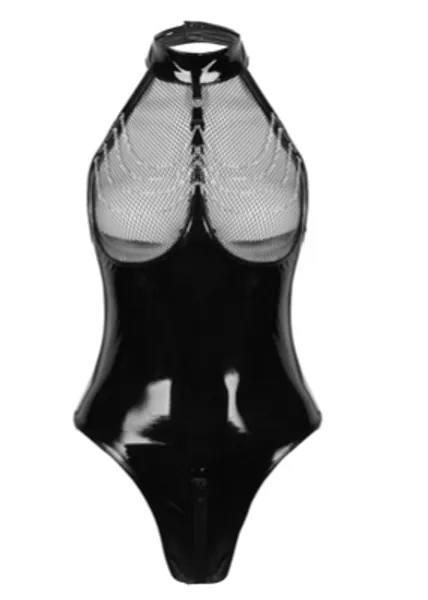 Attvn Women Wetlook Patent Leather Sleeveless Halterneck High Cut Thongs Leotard Bodysuit Clubwear Nightwear S-3XL