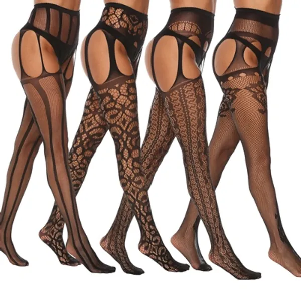 MANZI 4 Pairs Black Patterned Goth Fishnet Tights Mesh Stockings Sexy Cross Pantyhose for Women