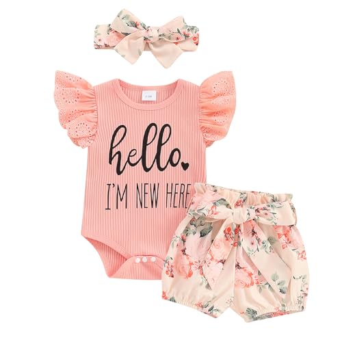 Baby Girl Summer Clothes Newborn Outfit Ribbed Onesie Romper Floral Bloomer Shorts Headband Newborn Girl Clothes - Hello I'm New Here Frill Pink - Newborn