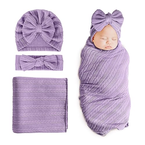 DRESHOW BQUBO Newborn Receiving Blanket Toddler Warm for Girls with Matching Bow Hat and Bow Headband Shower Gift - 1 Set: Wheat-pattern Hat + Hairband + Blanket (Purple)