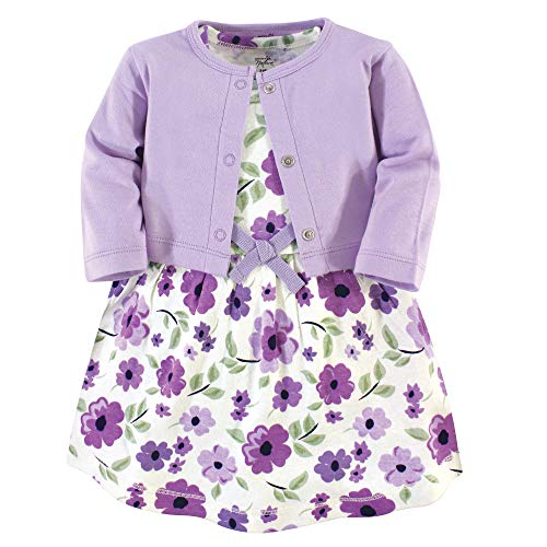 Touched by Nature Baby Girl Organic Cotton Dress and Cardigan - 0-3 Months - Purple Garden
