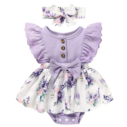 Sinhoon Baby Girl Clothes Newborn Ruffled Sleeveless Romper Floral Dreesy Bodysuit Heaedband 3pcs Baby Girl Summer Clothes - Purple - 3-6 Months