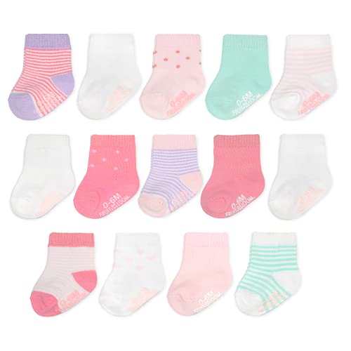 Fruit of the Loom Baby 14-Pack Grow & Fit Flex Zones Cotton Stretch Socks - Unisex, Girls, Boys - 0-6 Months - Pink Stripe