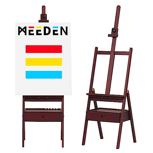 MEEDEN Walnut Stain Studio H-Frame Easel with Art Supply Storage Drawer - Adjustable (60"~75") Solid Wood Easel Stand for Artists, Students and Adults, Holds Canvas Art up to 35" - Deep Walnut