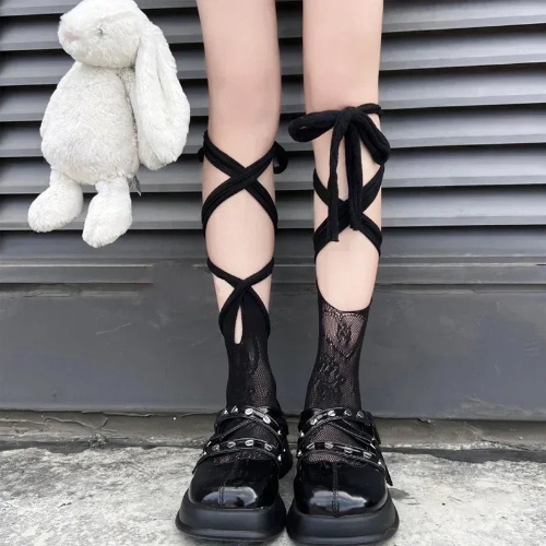 Black/White Lolita Tie Lace Fishnet Socks - Black / 80-85cm