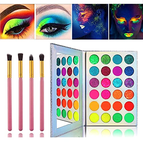 Glow in the dark paint, Kalolary Neon Eyeshadow Glow Palette UV Glow Blacklight Matte and Glitter, 24 Colors Highly Pigmented Makeup Kit with 4 Brushes