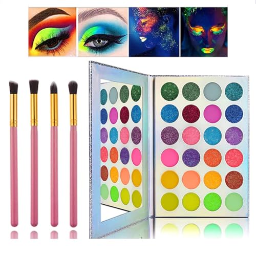 Glow in the dark paint, Kalolary Neon Eyeshadow Glow Palette UV Glow Blacklight Matte and Glitter, 24 Colors Highly Pigmented Makeup Kit with 4 Brushes