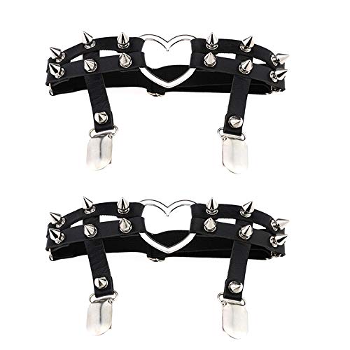 Daimay Leder Strumpfband 2 PCS Oberschenkel Ring Harness Suspender Gothic Gummi Nieten Strapsbänder Verstellbare mit Metall Clip - Schwarz