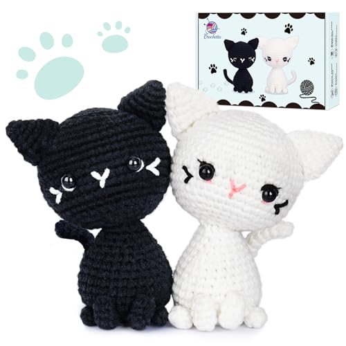 CROCHETTA Crochet Kit for Beginners, Crochet Starter Kit with Step-by-Step Video Tutorials, Crochet Animal Kits for Adults Kids, DIY Craft Supplies, 2 Pack Halloween Magical Cats (40%+ Yarn) - Black&White Cats