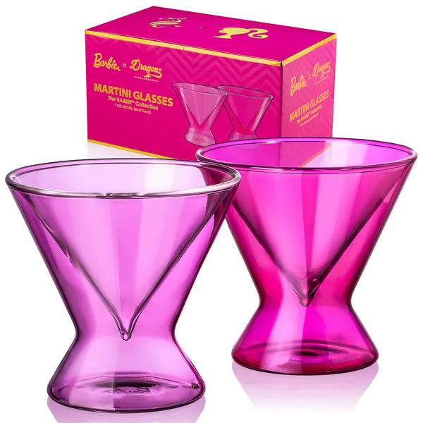 Barbie x Dragon Glassware Martini Glasses, Stemless Pink and Magenta Double Wall Insulated Cocktail Glass, Unique and Fun Gift for Martini Lovers, Keeps Drinks Cold Longer, 7oz Capacity, Set of 2