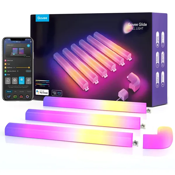 Govee Glide RGBIC Smart Wall Light, Music Sync LED Gaming Light with 40+ Dynamic Scenes for Decoration, Alexa and Google Assistant, 6 Pcs and 1 Corner