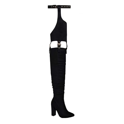 DETOGNI Women's Fashion Over The Knee Belted Pointed Toe Long Boots Sexy Buckle Strap Side Zipper Block Heels ​Thigh High Boots - 9 - Black