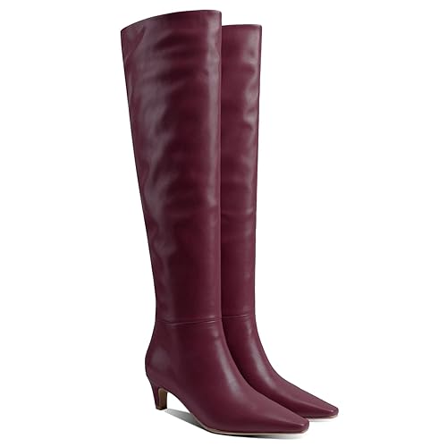 MOOMMO Women Kitten Heel Over Knee High Boots Square Toe Matte Pull On Wide Calf Pleated Low Heel Thigh Boots Stylish Retro Dress Boots Chic Party Comfy 4-11 M US - 9 - Matte Winered