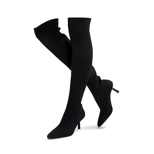 ErikenUrben Women Over The Knee Knit Boots High Heel Thigh High Socks Boots Pointed Toe - 9 - Black