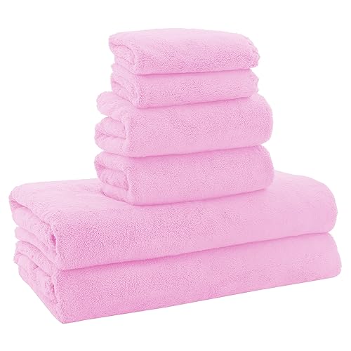 MOONQUEEN Ultra Soft Microfiber Coral Velvet Towel Set - Quick Drying - 2 Bath Towels, 2 Hand Towels, 2 Washcloths - Frozen Berry, 6 Pcs - Frozen Berry