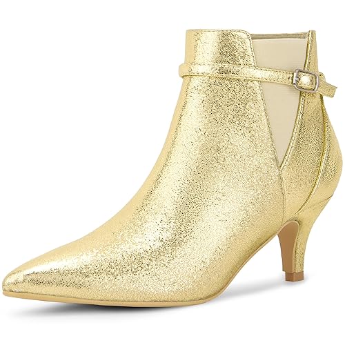 Allegra K Women's Pointed Toe Chelsea Kitten Heels Ankle Boots - 9 - Gold