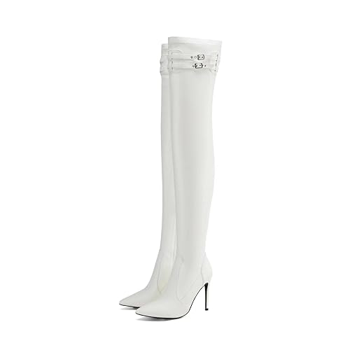 Frankie Hsu Women's Large Size Classic Pure White Color Sexy Buckle Zip Pointed Toe Tights Kitten Heels Over Knee Thigh High Boots - 9 - White