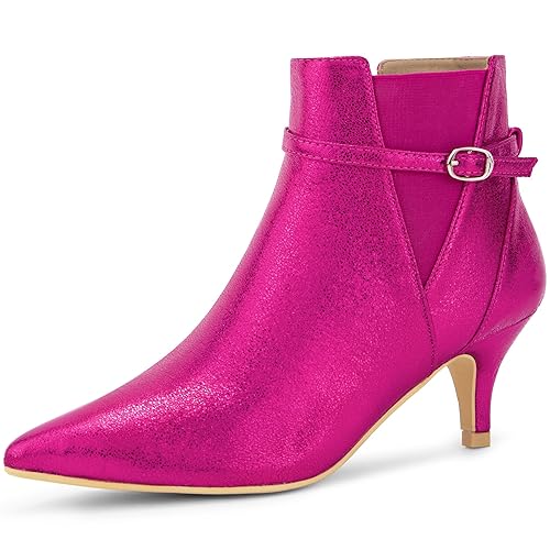 Allegra K Women's Pointed Toe Chelsea Kitten Heels Ankle Boots - 9 - Fuchsia