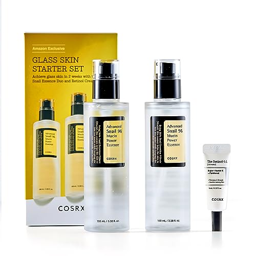 COSRX Glass Skin Starter Set, Advanced Snail 96 Mucin Power Essence (3.38 fl.oz*2) & Retinol 0.1 Cream Mini (0.1 oz), Daily Hydrating & Firming Skincare Kit for Beginners, Gift Set, Korean Skincare - Snail Essence Set