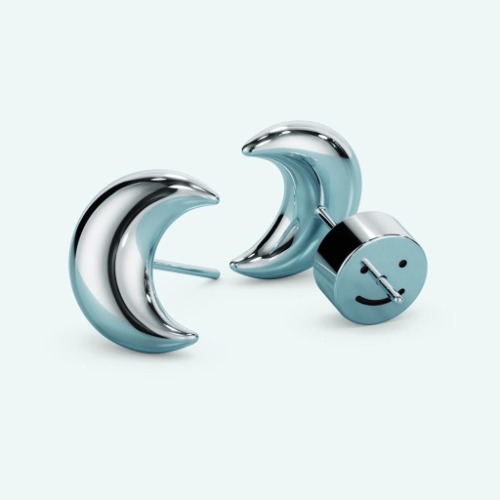Puffy Stud Earrings - Moon - Silver  / Pair