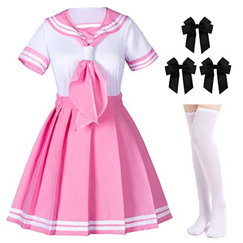 Elibelle Classic Japanese Anime School Girls Pink Sailor Dress Shirts Uniform Cosplay Costumes with Socks Hairpin set - XXX-Large--Asia 5XL - Pink