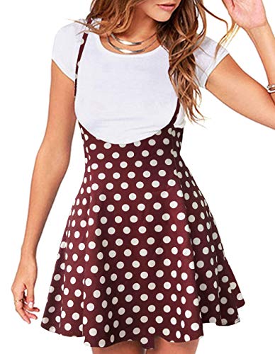 Women's Suspender Braces Casual Skirt Dress Basic High Waist Versatile Flare Skater Shoulder Straps Short Skirt - X-Large - 01-y-wine Dot
