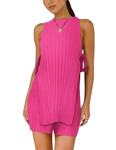 VAOYIU Womens Summer Sweater Set Sleeveless Knit tie straps Top Matching Shorts 2 Piece Beach Vacation Outfits