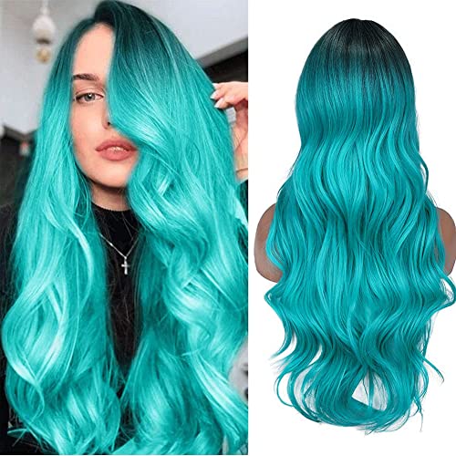 FAVE Ombre Bluish Green Wig Long Wavy Side Part Wig Heat Resistant Synthetic Hair Teal Blue Wig Mermaid Wigs for Women (Ombre Bluish Green) - 1-Ombre to Bluish Green