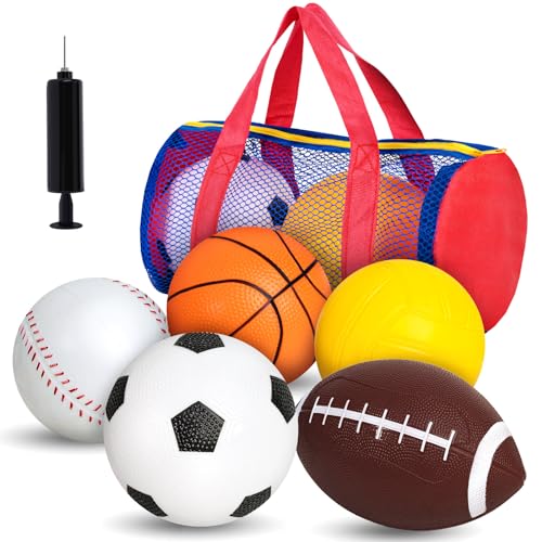 LovesTown 5PCS Sports Balls with Pump, 4" Inflatable Playground Balls with Duffle Bag Soccer Football Baseball Volleyball Basketball for Toddlers Kids